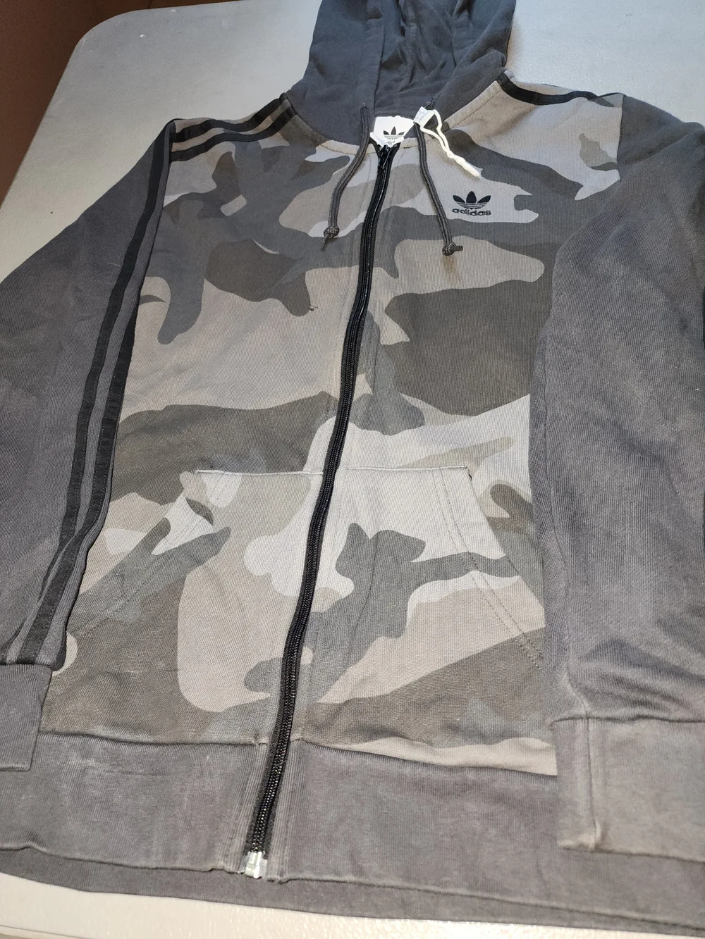 adidas Gray Camo Zip-Up Hoodie with Trefoil Tag
